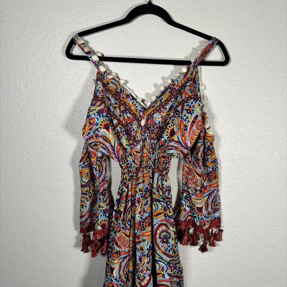 Womens Multicolor Paisley Print Cold Shoulder Long Sleeve Tassel Hem Midi Dress - Picture 2 of 9